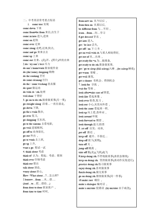 仁爱英语中考英语常考重点短语