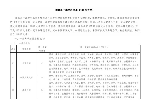 国家双一流学科明细