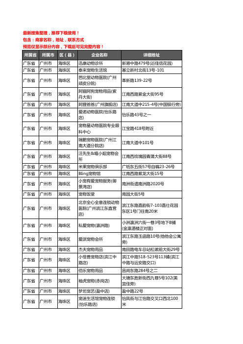 新版广东省广州市海珠区宠物企业公司商家户名录单联系方式地址大全284家