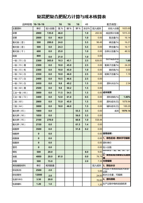 复混肥复合肥配方计算与成本核算