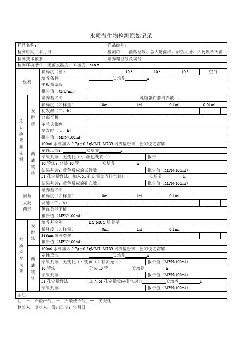 水质微生物检测原始记录