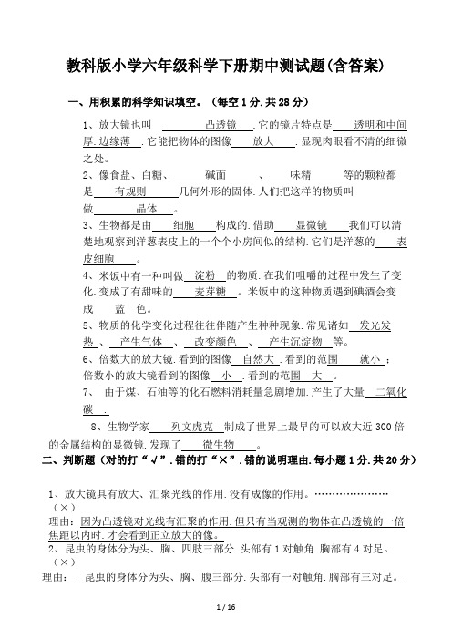 教科版小学六年级科学下册期中测试题(含答案)