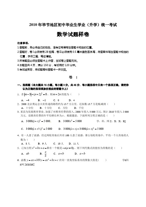 贵州省毕节市2010届九年级学业考试样卷数学试题