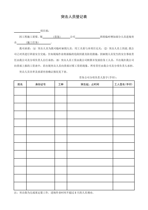 建筑施工突击人员登记表