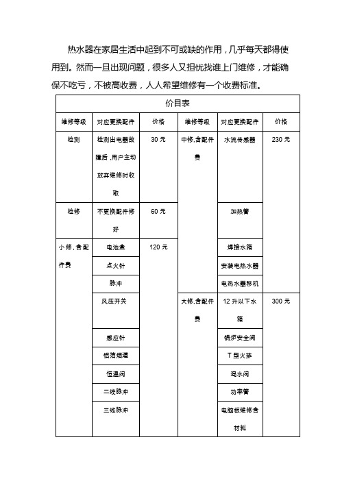 热水器维修：统一的收费标准