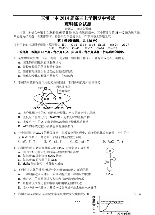 云南省玉溪一中2014届高三上学期期中考试 理综