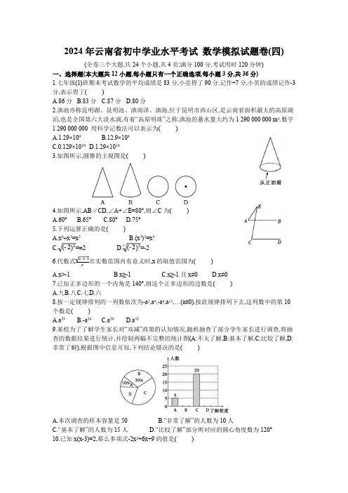 云南省2024年初中学业水平考试 数学模拟试题卷(四)(含答案)