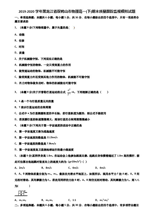 2019-2020学年黑龙江省双鸭山市物理高一(下)期末质量跟踪监视模拟试题含解析