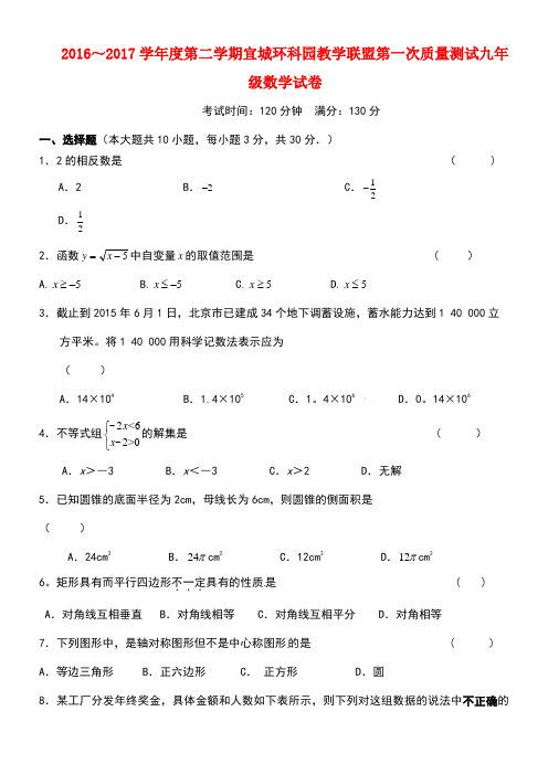 江苏省宜兴市宜城环科园九年级数学下学期第一次质量检测试题