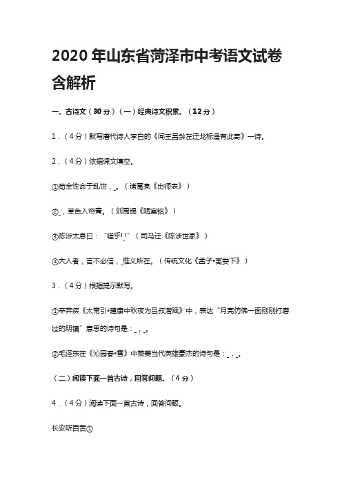 (全)2020年山东省菏泽市中考语文试卷含解析