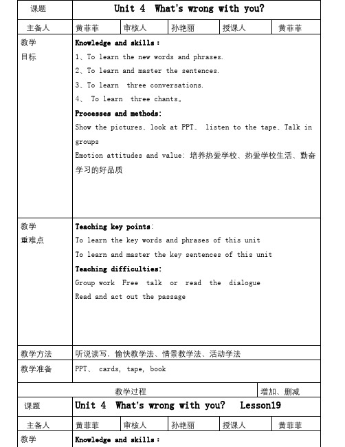 英语知识点春人教精通版英语五下Unit 4《What’s wrong with you》word单元教案-总结