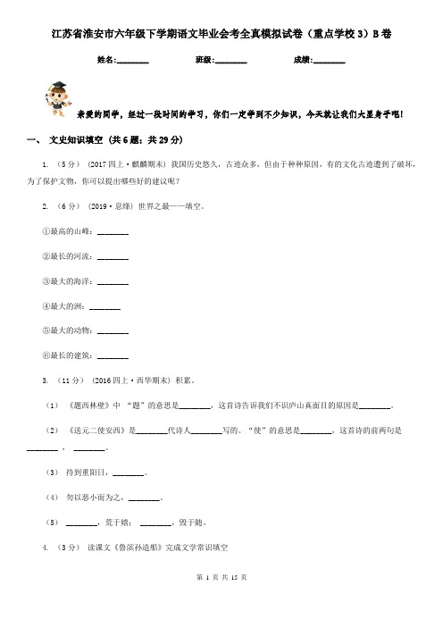 江苏省淮安市六年级下学期语文毕业会考全真模拟试卷(重点学校3)B卷