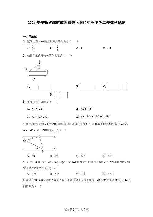 2024年安徽省淮南市谢家集区谢区中学中考二模数学试题