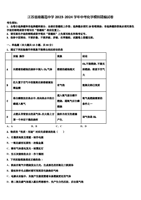 江苏省南菁高中学2023-2024学年中考化学模拟精编试卷含解析