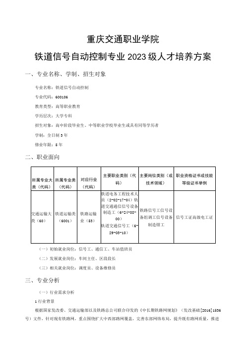 重庆交通职业学院铁道信号自动控制专业2023级人才培养方案