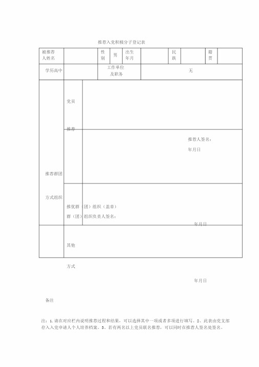 推荐入党积极分子登记表及填写模板