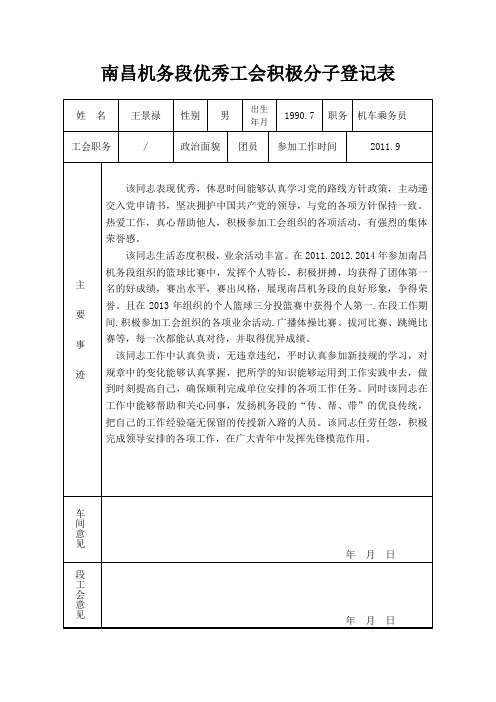 优秀工会积极分子申请表(王景禄)