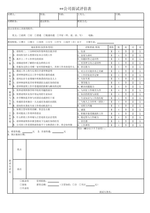 公司面试评估表格Excel