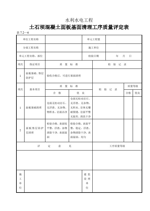 (表7.3-1)土石坝混凝土面板基面清理工序质量评定表