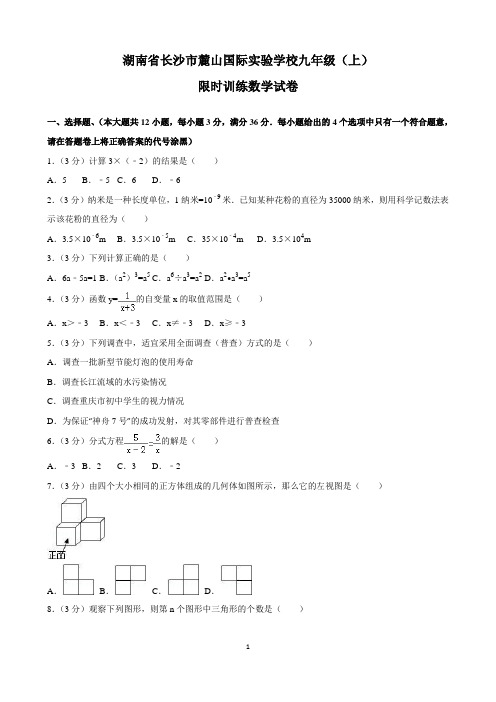 长沙市麓山国际九年级数学考试试卷