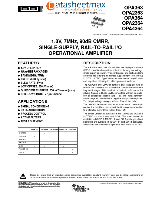 IC datasheet pdf-OPA363,OPA2363,OPA364,OPA2364,OPA4364,pdf(1.8V, 7MHz, 90dB CMRR, Single-Supply Rail