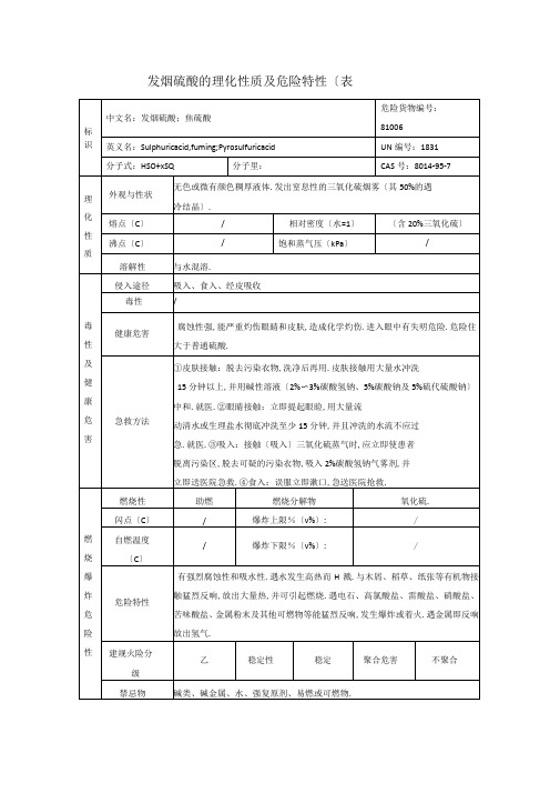 发烟硫酸的理化性质及危险特性表-