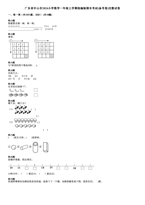 广东省中山市2024小学数学一年级上学期统编版期末考试(备考卷)完整试卷