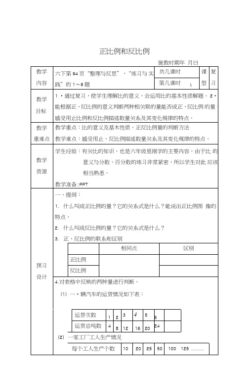 (苏教版)六年级数学下册教案正比例和反比例复习1.doc