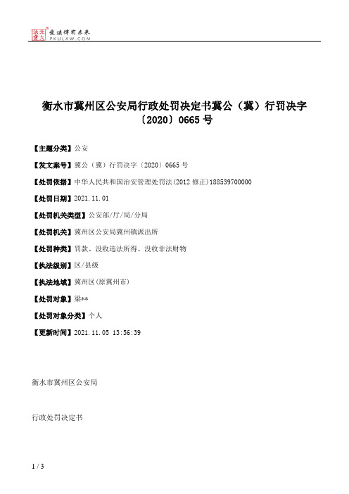 衡水市冀州区公安局行政处罚决定书冀公（冀）行罚决字〔2020〕0665号