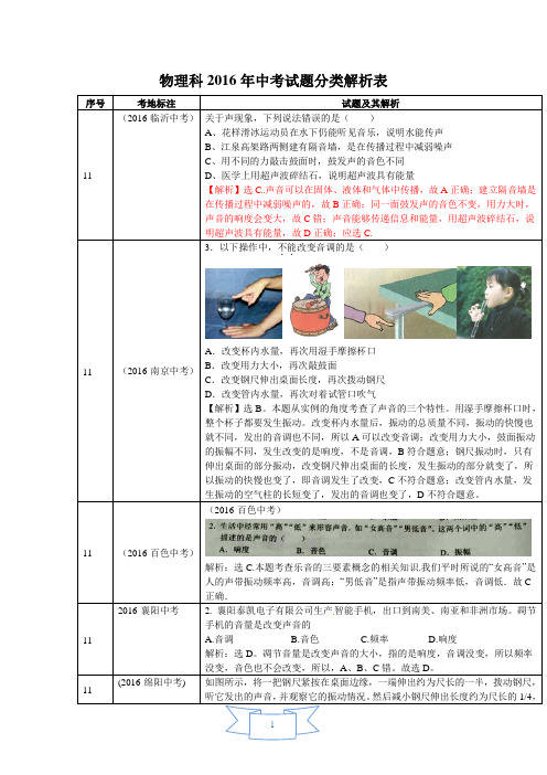 【物理】2016年中考真题分类汇编声知识