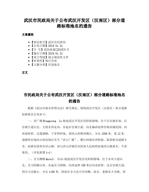 武汉市民政局关于公布武汉开发区（汉南区）部分道路标准地名的通告