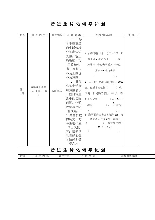 后进生转化辅导计划教案