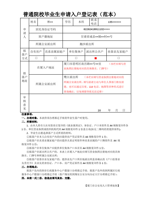 普通院校毕业生申请入户登记表范本