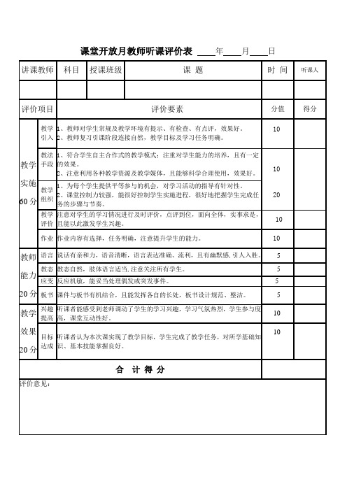 课堂开放月教师听课评价表