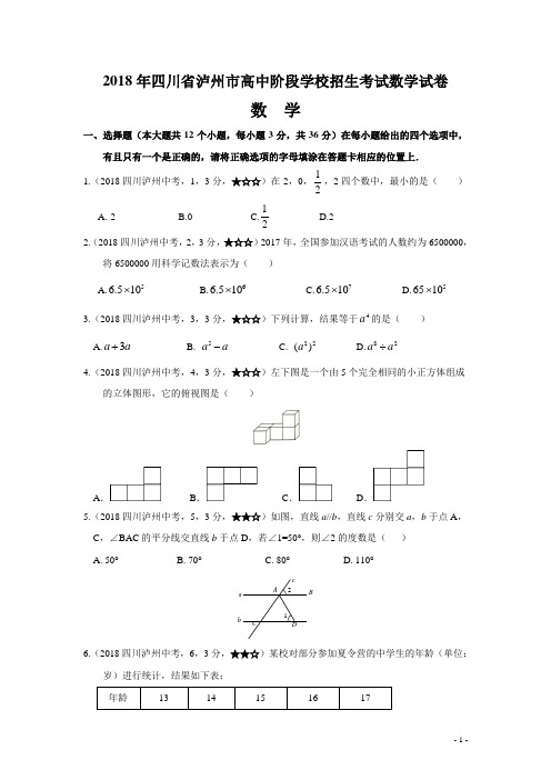 2018年四川省泸州市中考数学试题及参考答案案