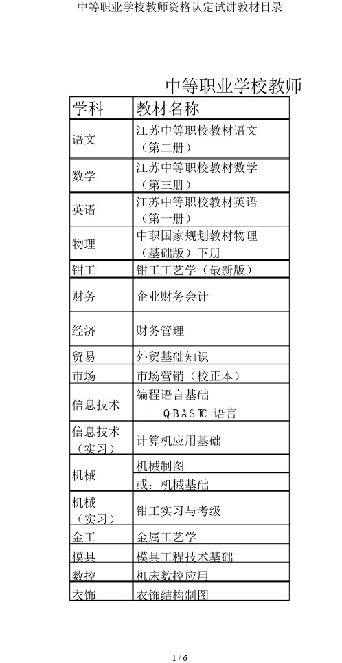 中等职业学校教师资格认定试讲教材目录