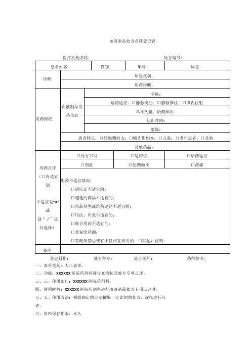 药剂科血液制品处方点评登记表