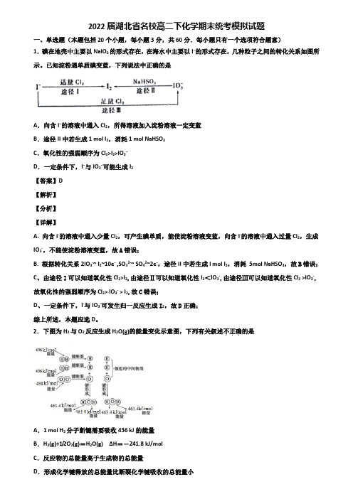 2022届湖北省名校高二下化学期末统考模拟试题含解析