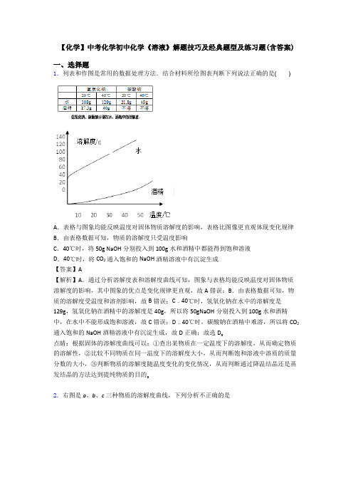 【化学】中考化学初中化学《溶液》解题技巧及经典题型及练习题(含答案)