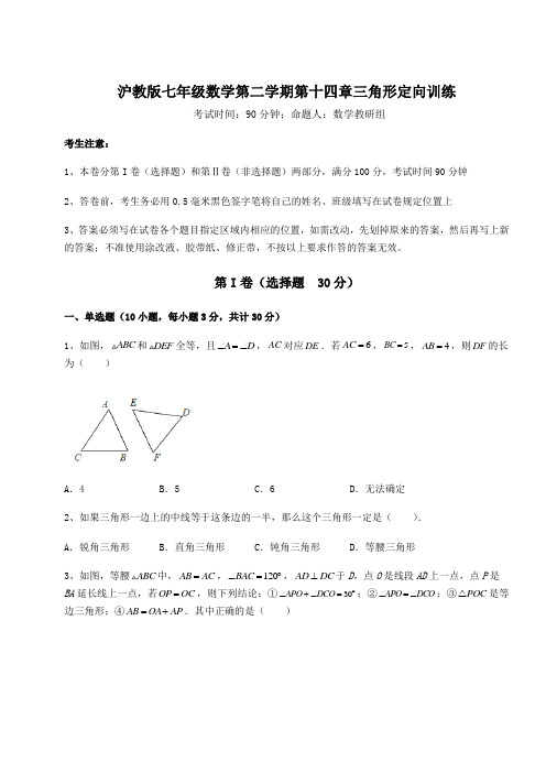 2022年必考点解析沪教版七年级数学第二学期第十四章三角形定向训练试卷(含答案详解)