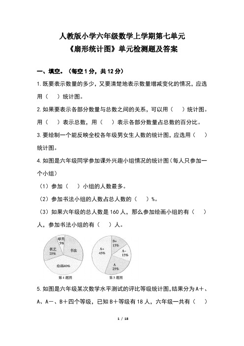 人教版小学六年级数学上学期第七单元《扇形统计图》单元检测题及答案(含三套题)