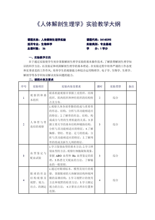 《人体解剖生理学》实验教学大纲