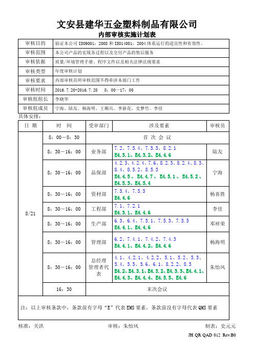 内部审核实施计划表