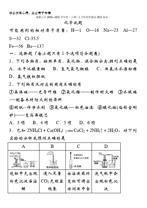 四川省成都七中2021高一上学期1月阶段性测试化学试题 