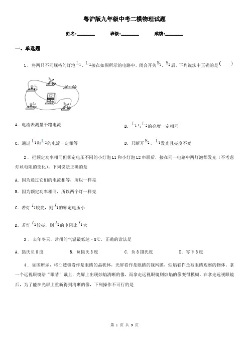 粤沪版九年级中考二模物理试题(模拟)