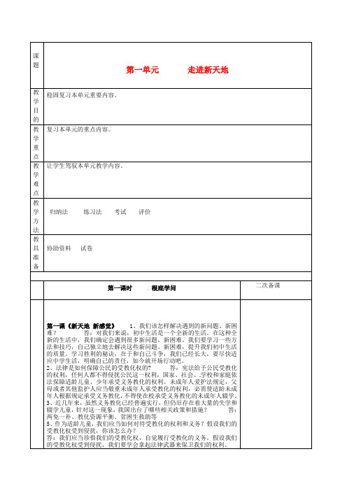 七年级政治上册第一单元走进新天地复习教案人民版