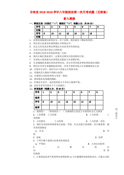 最新-吉林省2018学年八年级政治第一次月考试题 新人教