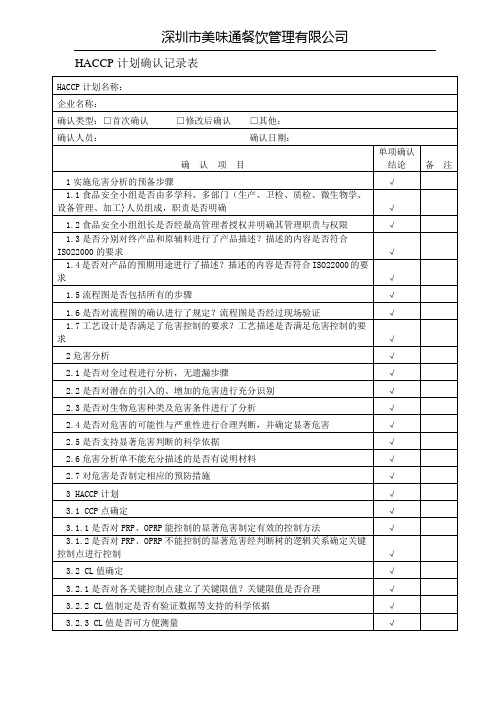 HACCP计划确认记录表