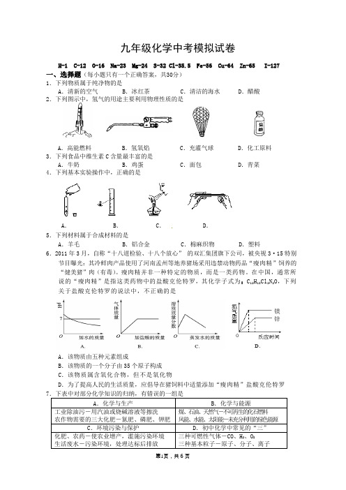 九年级化学中考模拟试卷附答案