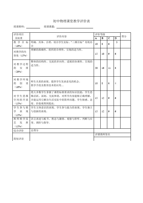 初中物理课堂教学评价标准